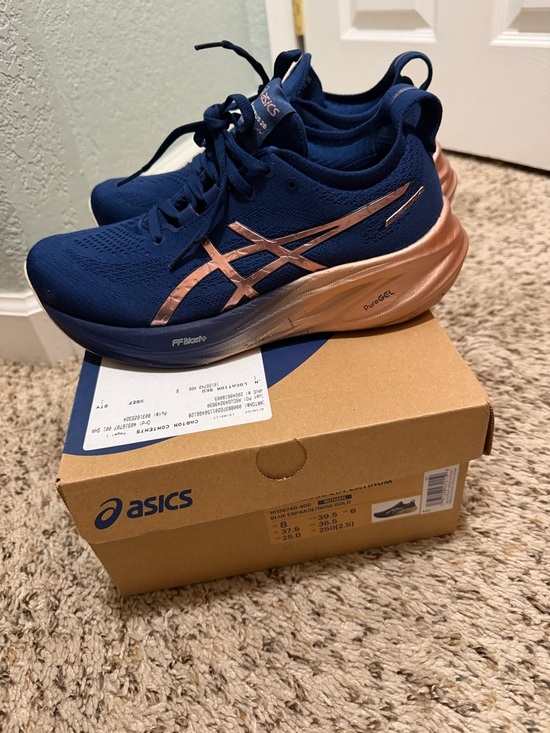 Asics Shoes - ASICS Navy Blue Running Shoes with Rose Gold Accents